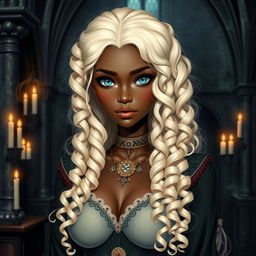 A slender dark-skinned girl with large, round breasts and wide hips, featuring long, platinum blonde hair styled in 3A curls