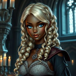 A slender dark-skinned girl with large, round breasts and wide hips, featuring long, platinum blonde hair styled in 3A curls