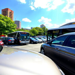 A vibrant urban scene depicting a busy parking lot with a variety of vehicles