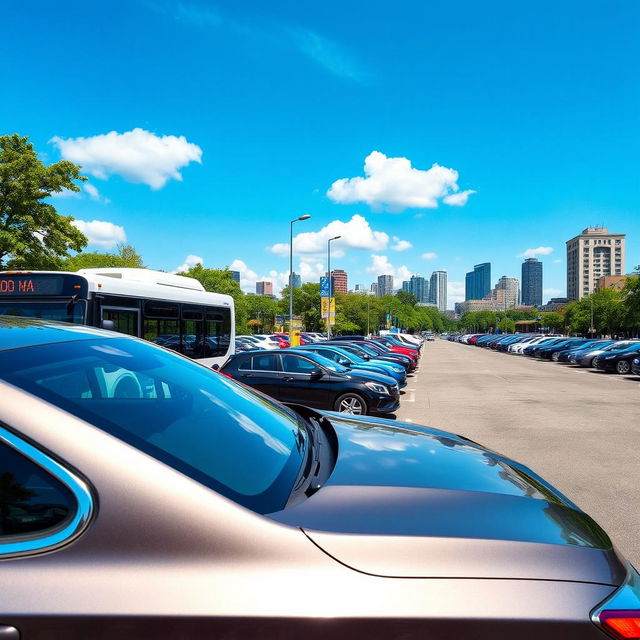 A vibrant urban scene depicting a busy parking lot with a variety of vehicles