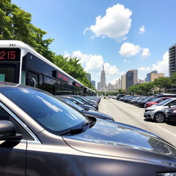 A vibrant urban scene depicting a busy parking lot with a variety of vehicles