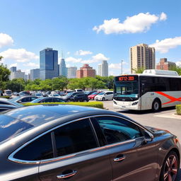 A vibrant urban scene depicting a busy parking lot with a variety of vehicles