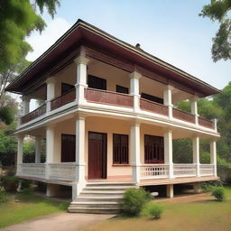 A picturesque two-story Assam-style house with a sheet across the first floor and a scenic balcony area.