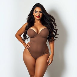 A curvy brunette woman with long, flowing hair, showcasing her big breasts and beautiful legs