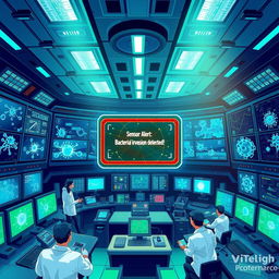 A vibrant and detailed illustration of an immune system control room, filled with high-tech screens and control panels