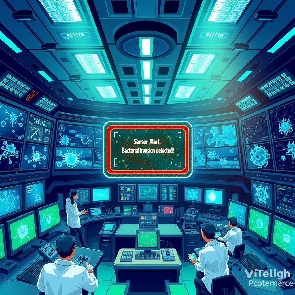 A vibrant and detailed illustration of an immune system control room, filled with high-tech screens and control panels