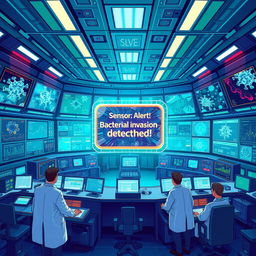 A vibrant and detailed illustration of an immune system control room, filled with high-tech screens and control panels
