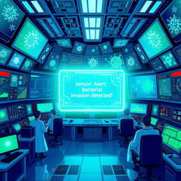 A vibrant and detailed illustration of an immune system control room, filled with high-tech screens and control panels