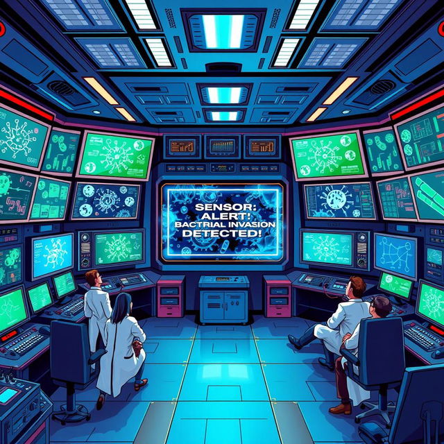 A vibrant and detailed illustration of an immune system control room, filled with high-tech screens and control panels