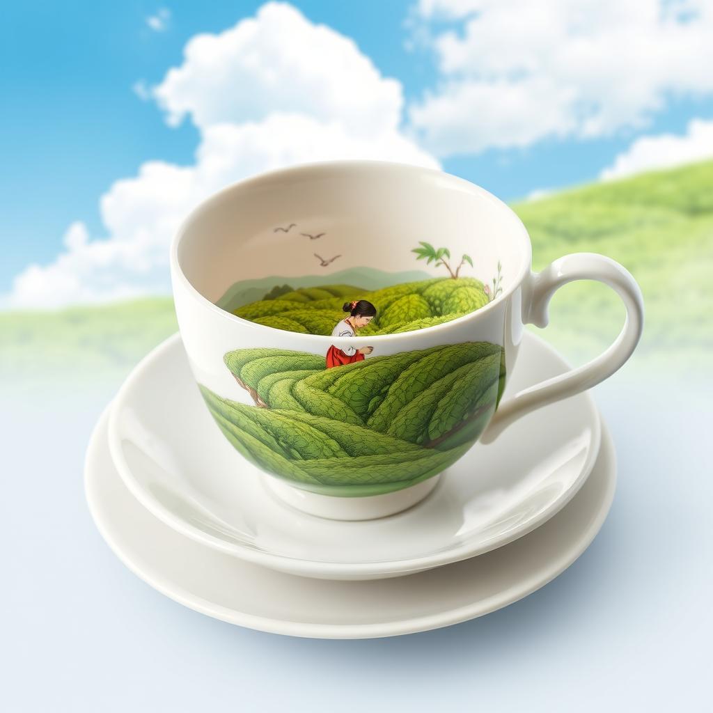 A white tea cup placed on a matching saucer, featuring a detailed illustration inside of the cup showing a lush tea plantation