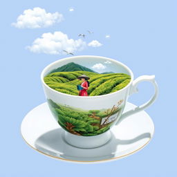 A white tea cup placed on a matching saucer, featuring a detailed illustration inside of the cup showing a lush tea plantation