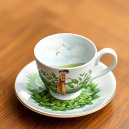A white tea cup placed on a matching saucer, featuring a detailed illustration inside of the cup showing a lush tea plantation