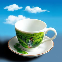 A white tea cup placed on a matching saucer, featuring a detailed illustration inside of the cup showing a lush tea plantation