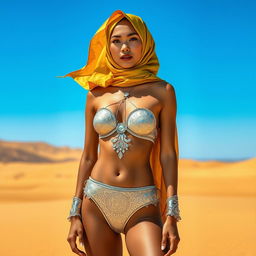 An Indonesian woman wearing a stylish silver bikini adorned with intricate patterns, complemented by a luxurious golden hijab