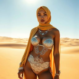 An Indonesian woman wearing a stylish silver bikini adorned with intricate patterns, complemented by a luxurious golden hijab