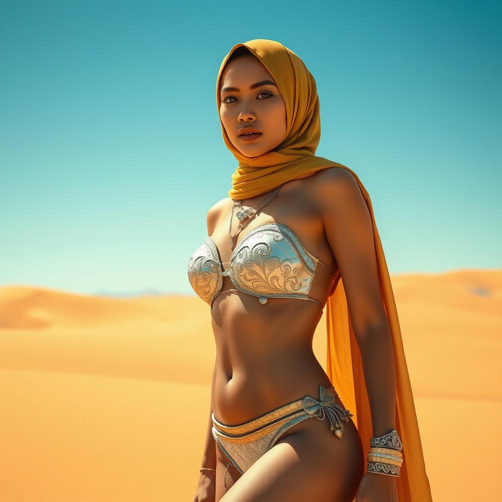An Indonesian woman wearing a stylish silver bikini adorned with intricate patterns, complemented by a luxurious golden hijab