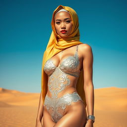 An Indonesian woman wearing a stylish silver bikini adorned with intricate patterns, complemented by a luxurious golden hijab
