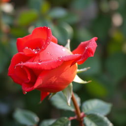A beautiful red rose with orange undertones, adorned with glistening droplets of dew