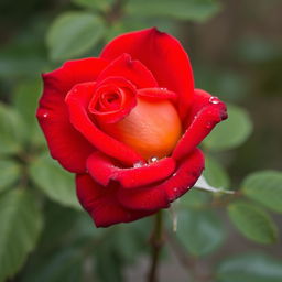 A beautiful red rose with orange undertones, adorned with glistening droplets of dew