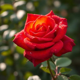 A beautiful red rose with orange undertones, adorned with glistening droplets of dew