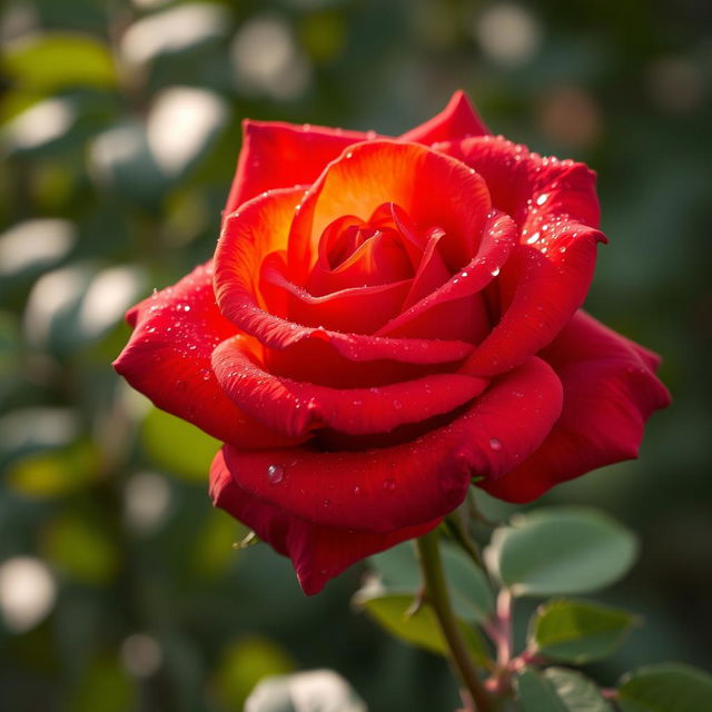 A beautiful red rose with orange undertones, adorned with glistening droplets of dew