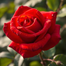 A beautiful red rose with orange undertones, adorned with glistening droplets of dew