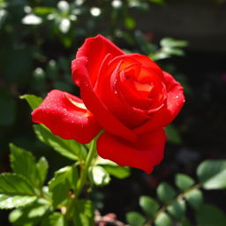 A beautiful, bright scarlet rose with intense color, adorned with glistening drops of dew, blooming vibrantly in a garden setting, surrounded by lush green leaves that contrast perfectly with the vivid petals, sunlight illuminating the scene creating a magical atmosphere