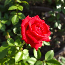 A beautiful, bright scarlet rose with intense color, adorned with glistening drops of dew, blooming vibrantly in a garden setting, surrounded by lush green leaves that contrast perfectly with the vivid petals, sunlight illuminating the scene creating a magical atmosphere