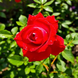 A beautiful, bright scarlet rose with intense color, adorned with glistening drops of dew, blooming vibrantly in a garden setting, surrounded by lush green leaves that contrast perfectly with the vivid petals, sunlight illuminating the scene creating a magical atmosphere
