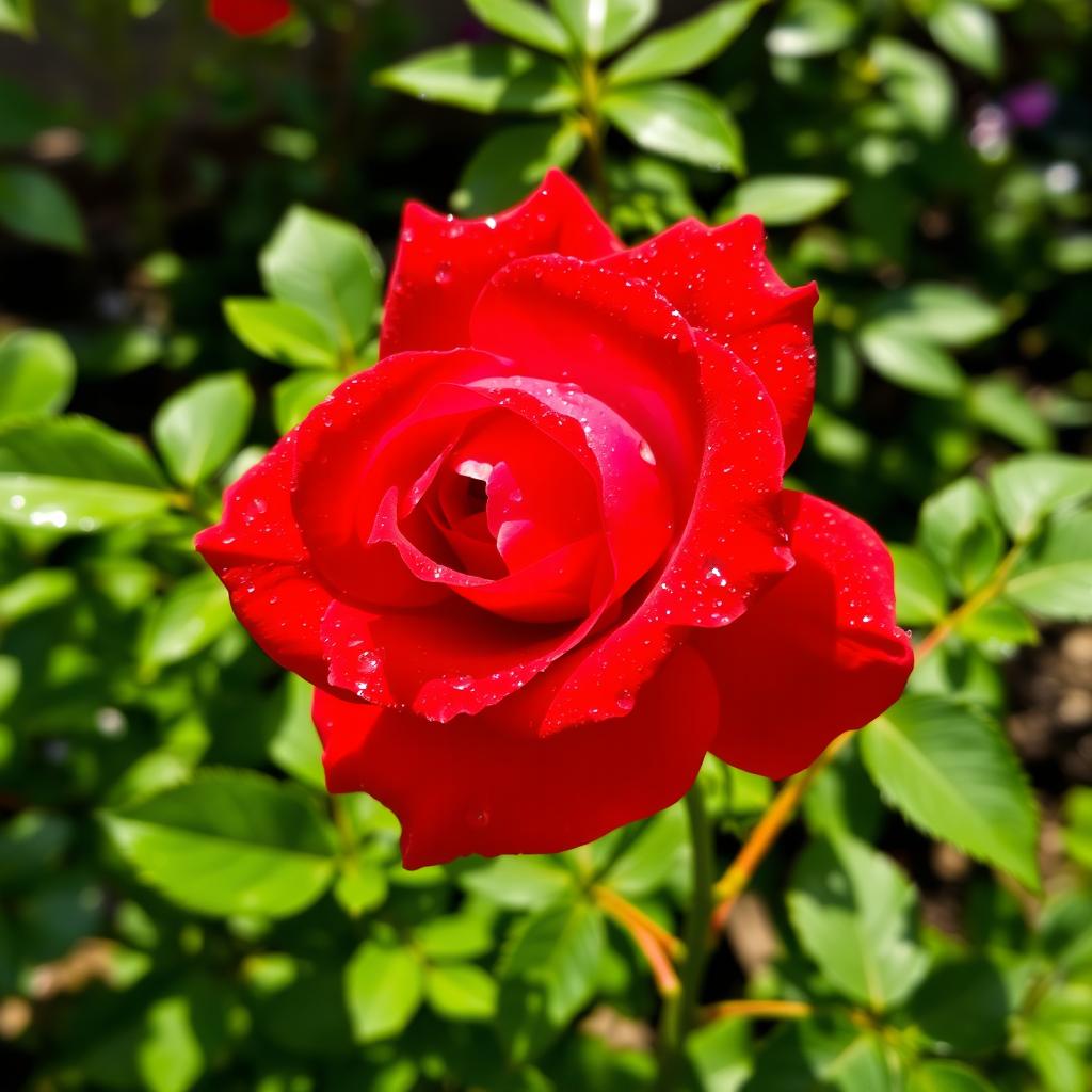 A beautiful, bright scarlet rose with intense color, adorned with glistening drops of dew, blooming vibrantly in a garden setting, surrounded by lush green leaves that contrast perfectly with the vivid petals, sunlight illuminating the scene creating a magical atmosphere