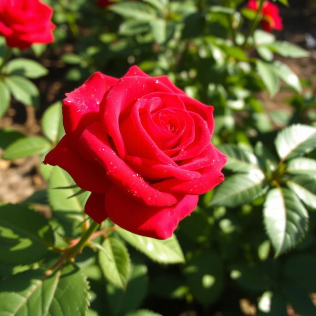 A beautiful, bright scarlet rose with intense color, adorned with glistening drops of dew, blooming vibrantly in a garden setting, surrounded by lush green leaves that contrast perfectly with the vivid petals, sunlight illuminating the scene creating a magical atmosphere