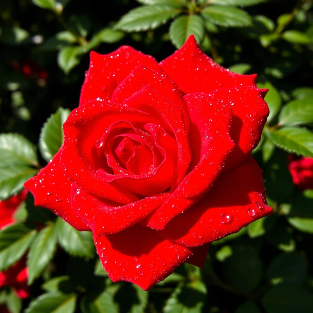 A stunning bright scarlet rose with glistening dew droplets on its petals, showcasing its vivid color and delicate texture