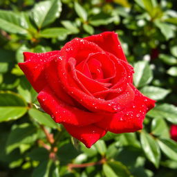 A stunning bright scarlet rose with glistening dew droplets on its petals, showcasing its vivid color and delicate texture