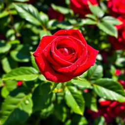 A stunning bright scarlet rose with glistening dew droplets on its petals, showcasing its vivid color and delicate texture