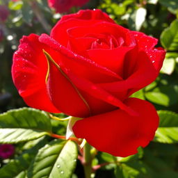 A stunning bright scarlet rose with glistening dew droplets on its petals, showcasing its vivid color and delicate texture