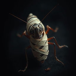 A striking visual of a cockroach resembling a mummy, intricate bandages wrapped around its elongated body, set against an eerie, dark background that enhances the mysterious and slightly surreal atmosphere