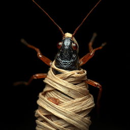 A striking visual of a cockroach resembling a mummy, intricate bandages wrapped around its elongated body, set against an eerie, dark background that enhances the mysterious and slightly surreal atmosphere