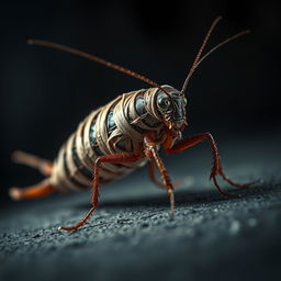 A striking visual of a cockroach resembling a mummy, intricate bandages wrapped around its elongated body, set against an eerie, dark background that enhances the mysterious and slightly surreal atmosphere