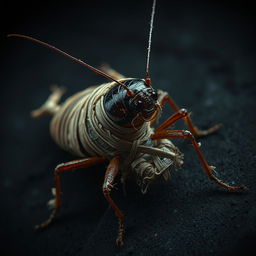 A striking visual of a cockroach resembling a mummy, intricate bandages wrapped around its elongated body, set against an eerie, dark background that enhances the mysterious and slightly surreal atmosphere
