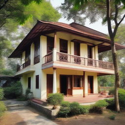 A picturesque two-story Assam-style house with a sheet across the first floor and a scenic balcony area.