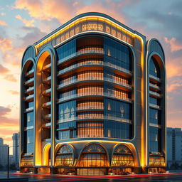 A high-detail rendering of a 20-story building, standing 80 meters tall, combining Iranian architectural styles with arch shapes and modern elements