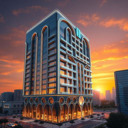 A high-detail rendering of a 20-story building, standing 80 meters tall, combining Iranian architectural styles with arch shapes and modern elements