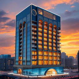 A high-detail rendering of a 20-story building, standing 80 meters tall, combining Iranian architectural styles with arch shapes and modern elements