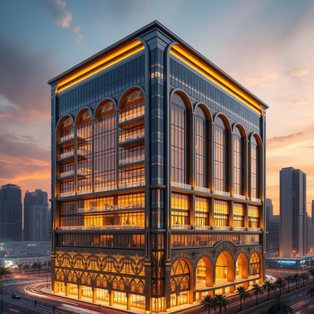 A high-detail rendering of a 20-story building, standing 80 meters tall, combining Iranian architectural styles with arch shapes and modern elements