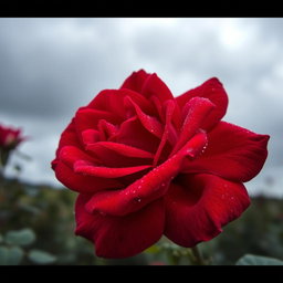 A beautiful, bright scarlet rose with intense color, adorned with dewdrops, captured on a cloudy day
