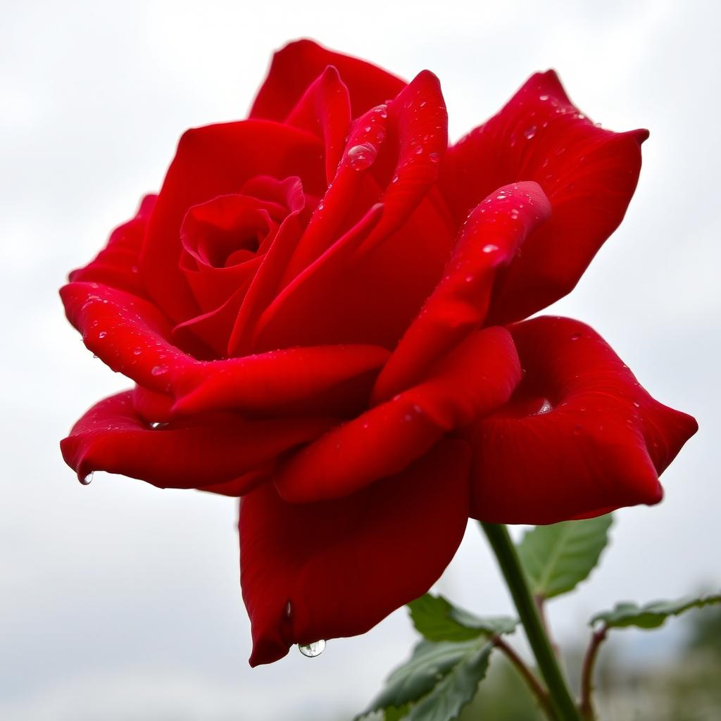 A beautiful, bright scarlet rose with intense color, adorned with dewdrops, captured on a cloudy day