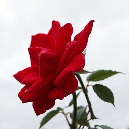 A beautiful, bright scarlet rose with intense color, adorned with dewdrops, captured on a cloudy day