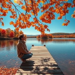 A stunning landscape featuring a serene lake surrounded by vibrant autumn trees with leaves in shades of orange, red, and yellow