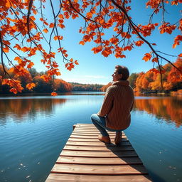 A stunning landscape featuring a serene lake surrounded by vibrant autumn trees with leaves in shades of orange, red, and yellow