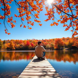 A stunning landscape featuring a serene lake surrounded by vibrant autumn trees with leaves in shades of orange, red, and yellow